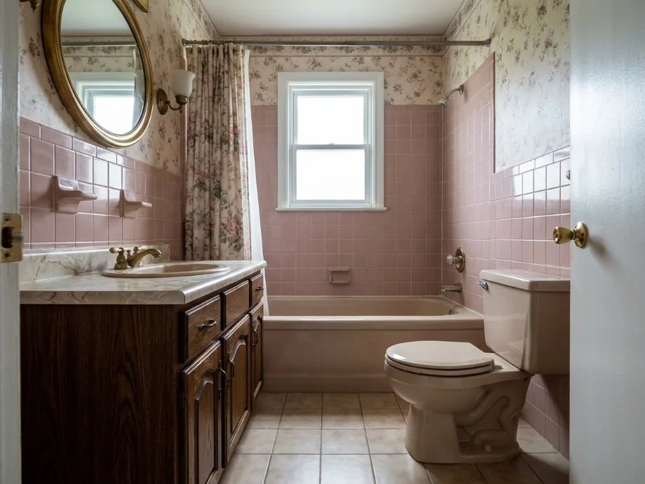 Small ensuite restyled with warm terrazzo flooring and a wall-mounted vanity. before AI redesign