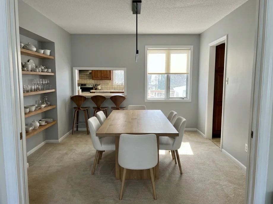 Closed dining room opened up to the kitchen with a half-wall and bar stools — after