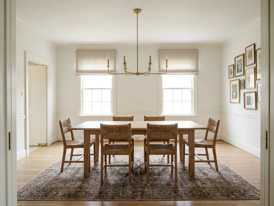 Formal dining room refreshed with a sideboard, art wall, and warmer lighting — after