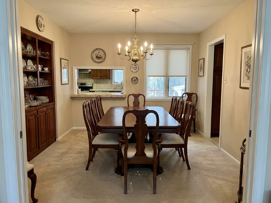 Closed dining room opened up to the kitchen with a half-wall and bar stools — before