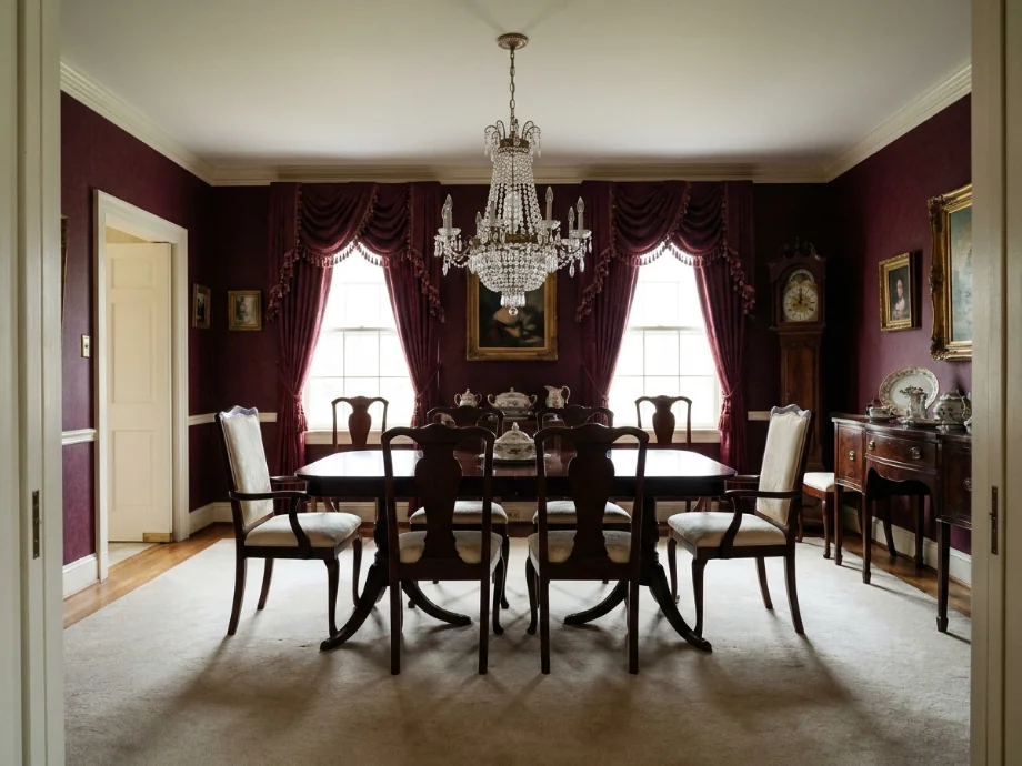 Formal dining room refreshed with a sideboard, art wall, and warmer lighting — before