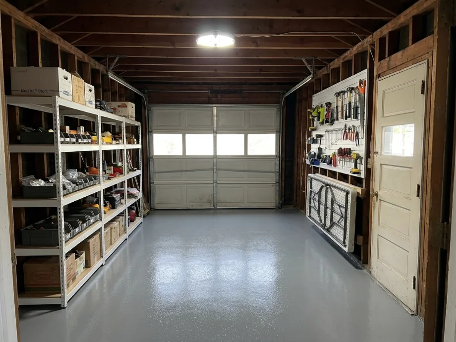 One-car garage restyled with wall shelving, a slatwall, and a folding workbench — after