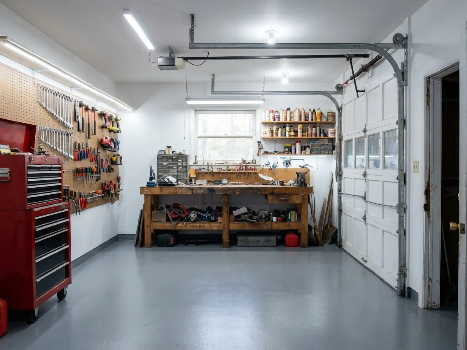 Garage workshop refreshed with a tool chest, pegboard, and brighter LED lighting — after