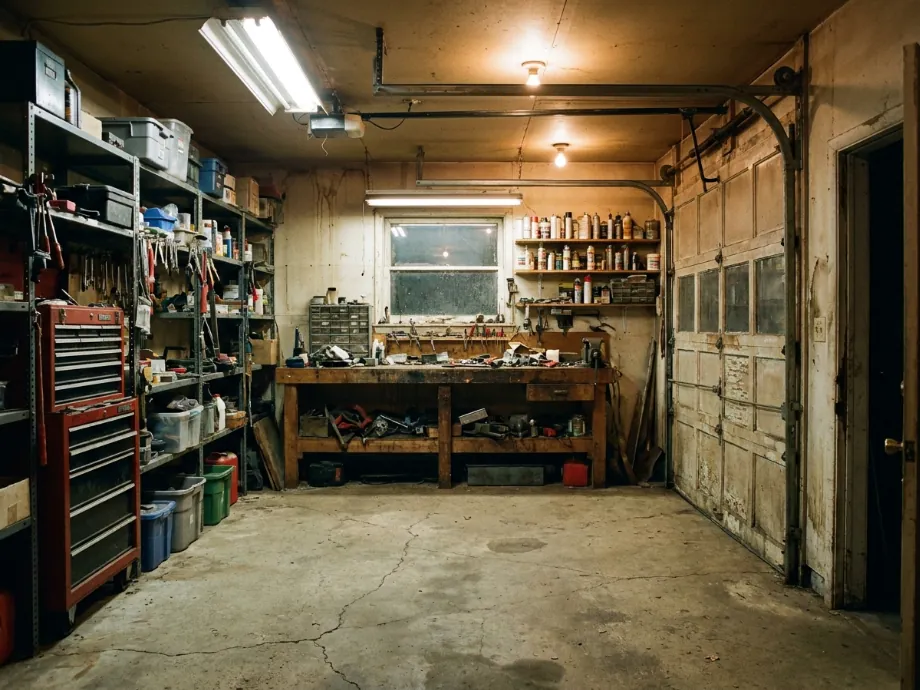 Garage workshop refreshed with a tool chest, pegboard, and brighter LED lighting — before