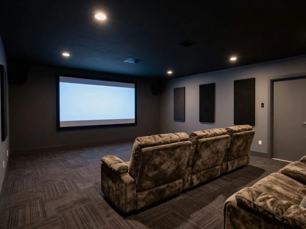 Basement theater restyled with tiered seating, acoustic panels, and a 120-inch screen — after