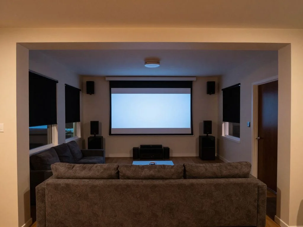Living room theater upgraded with a projector, blackout shades, and a 5.1 layout — after