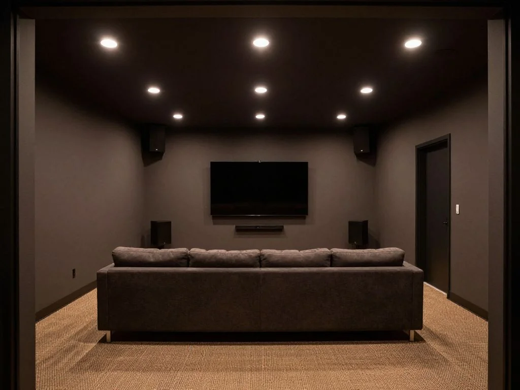 Media room refreshed with a sectional, a soundbar, and dimmable recessed lights — after