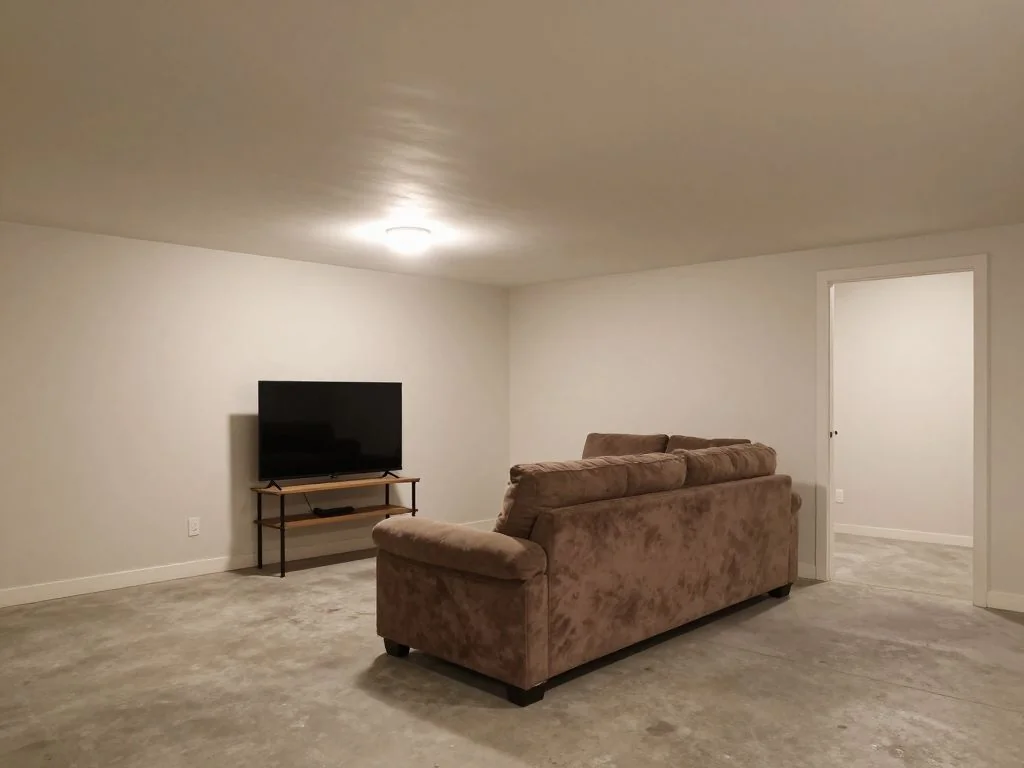 Basement theater restyled with tiered seating, acoustic panels, and a 120-inch screen — before