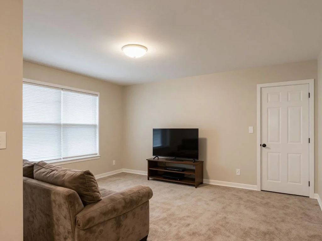 Living room theater upgraded with a projector, blackout shades, and a 5.1 layout — before