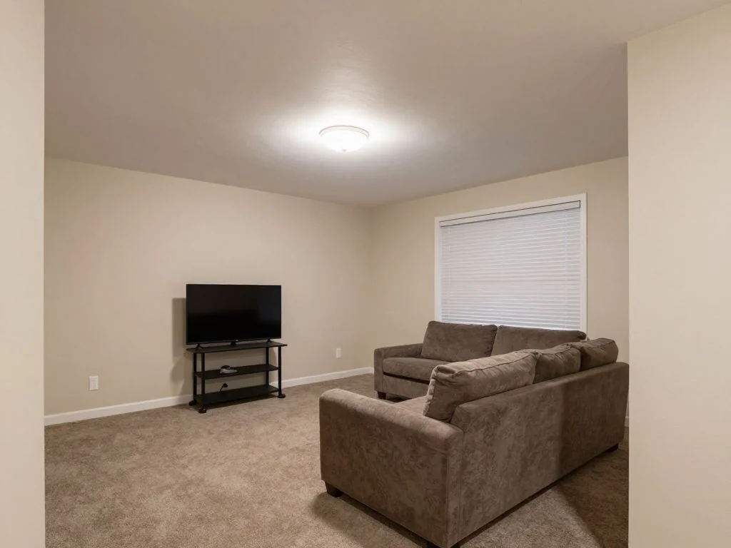 Media room refreshed with a sectional, a soundbar, and dimmable recessed lights — before
