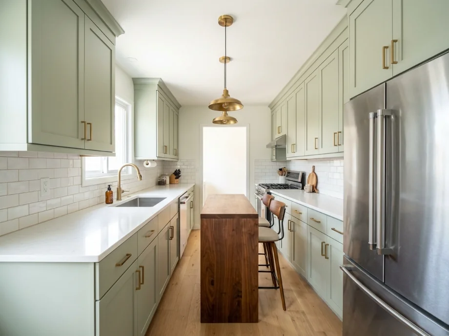 Galley kitchen restyled with lighter cabinets and a warm wood island — after