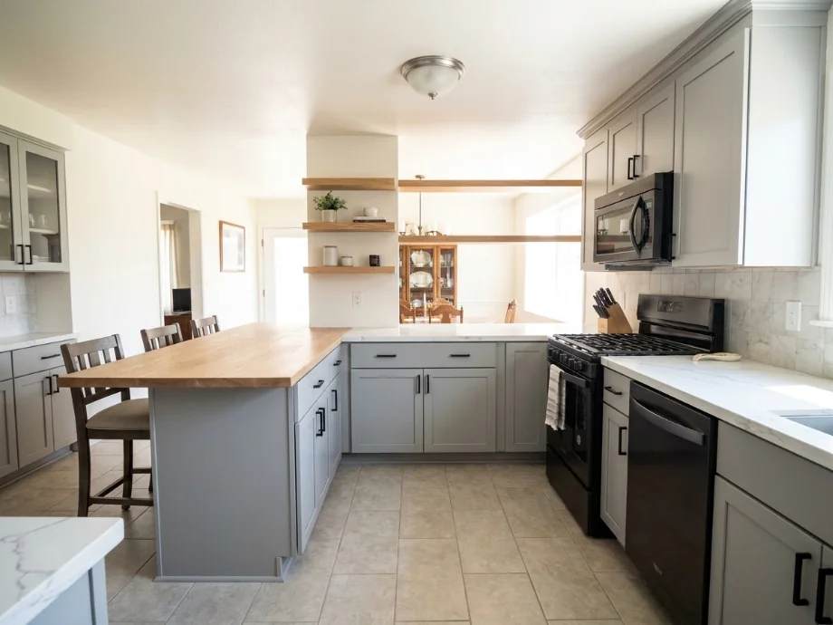Closed-off kitchen opened up with a peninsula and matte black appliances — after