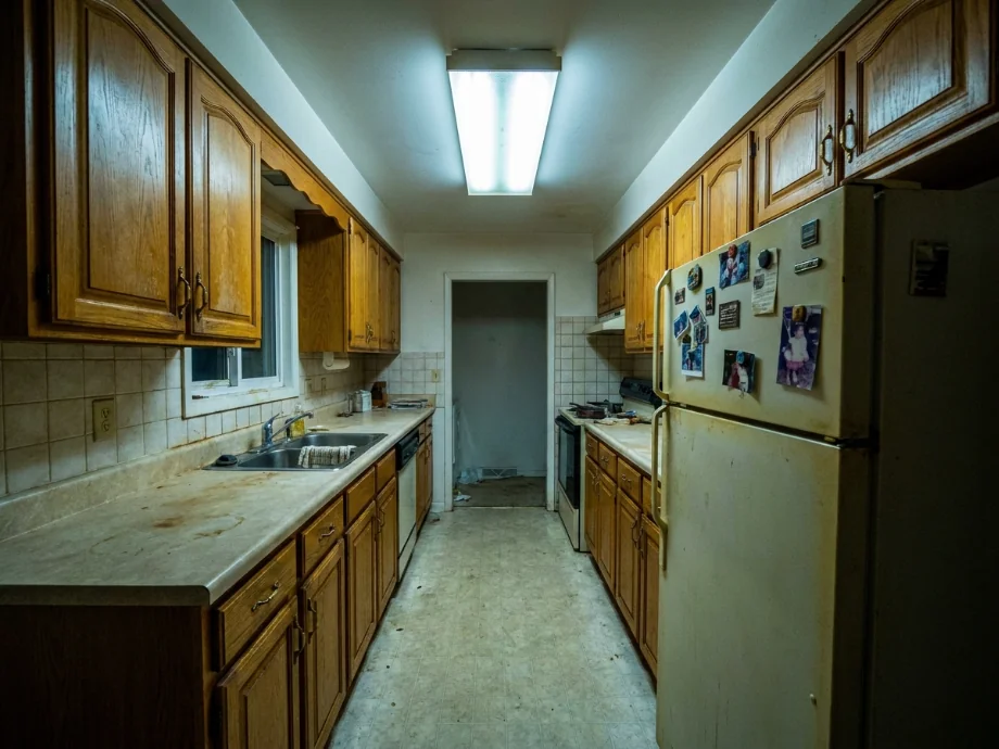 Galley kitchen restyled with lighter cabinets and a warm wood island — before