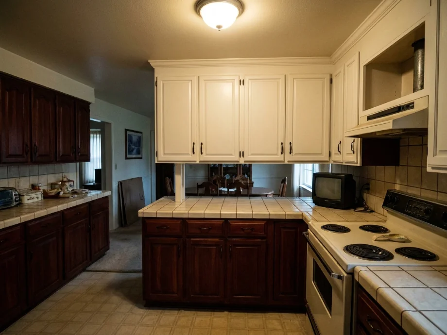 Closed-off kitchen opened up with a peninsula and matte black appliances — before