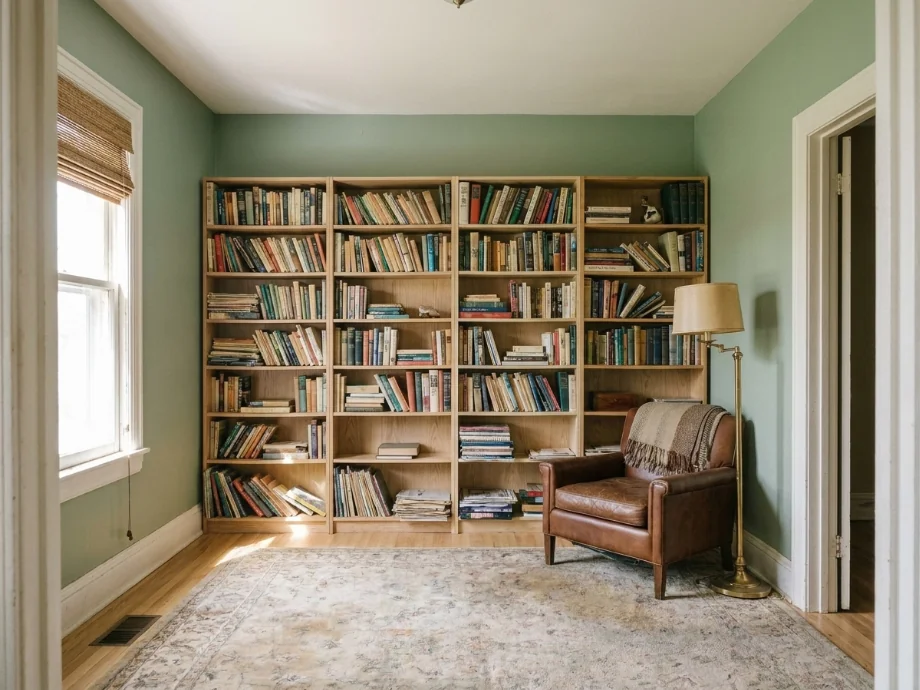 Home library restyled with floor-to-ceiling shelving and a reading nook. after AI redesign