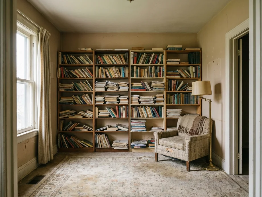 Home library restyled with floor-to-ceiling shelving and a reading nook. before AI redesign