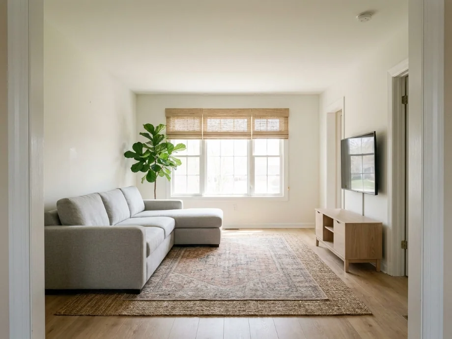 Living room restyled with a sectional, layered rug, and a media console — after