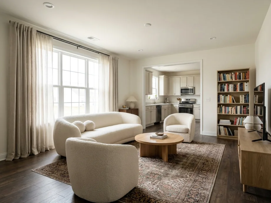 Open-plan living room opened up with a lighter palette and a reading nook — after