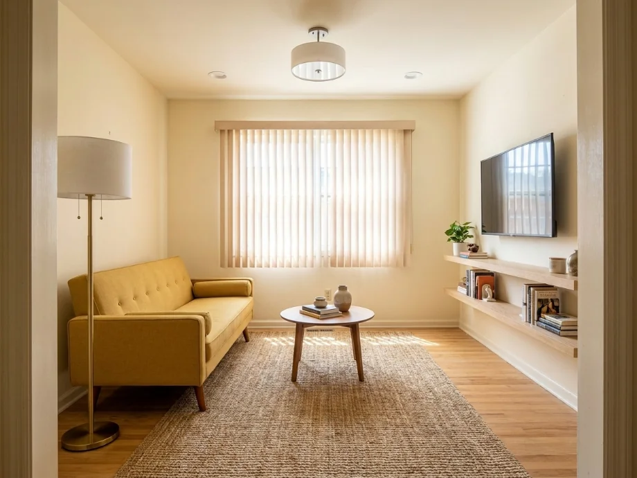 Compact living room upgraded with built-in shelving and a wall-mounted TV — after