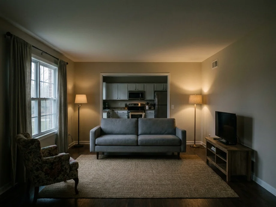 Open-plan living room opened up with a lighter palette and a reading nook — before