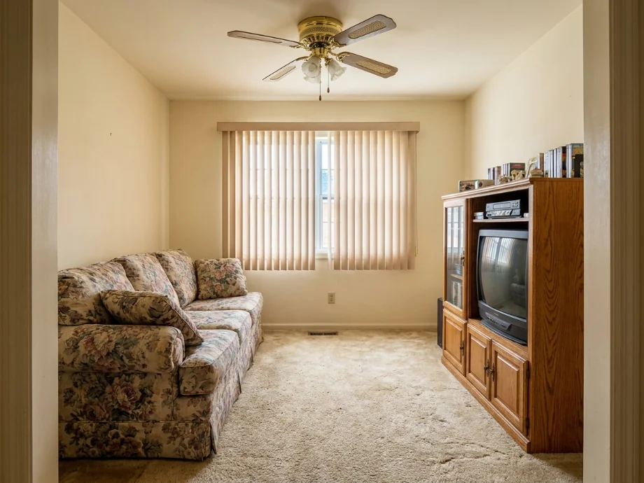 Compact living room upgraded with built-in shelving and a wall-mounted TV — before