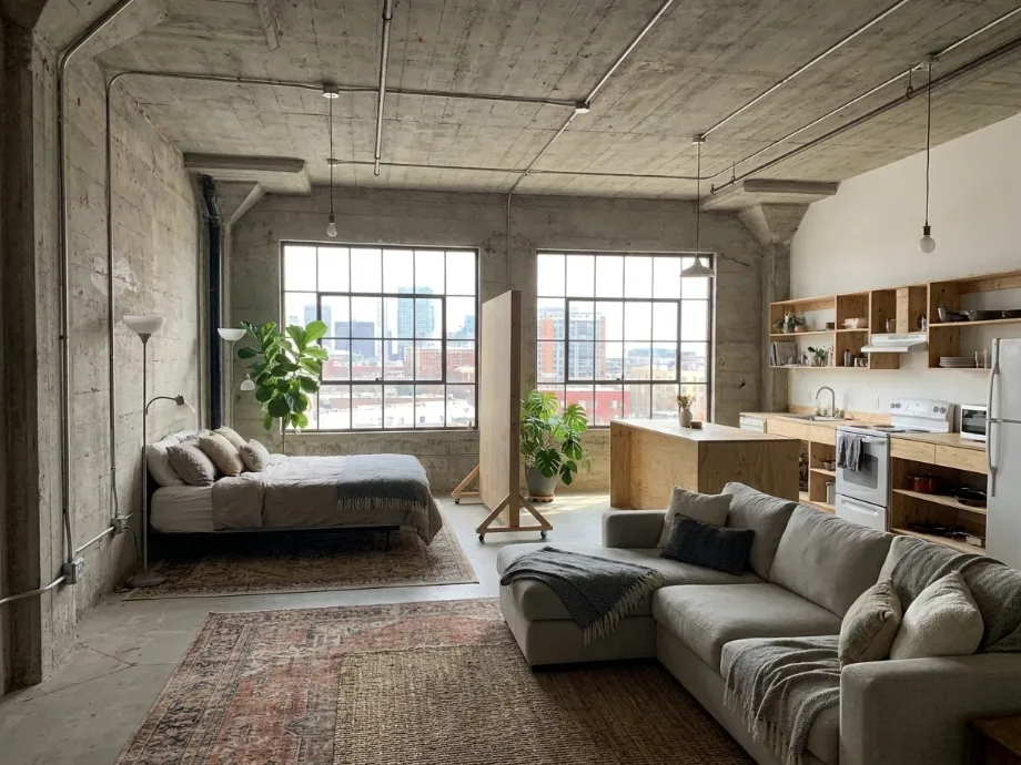 Open loft restyled with a sleeping zone, a living zone, and a movable screen. after AI redesign