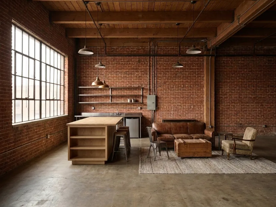 Industrial loft upgraded with a kitchen island, open shelving, and warmer lighting. after AI redesign