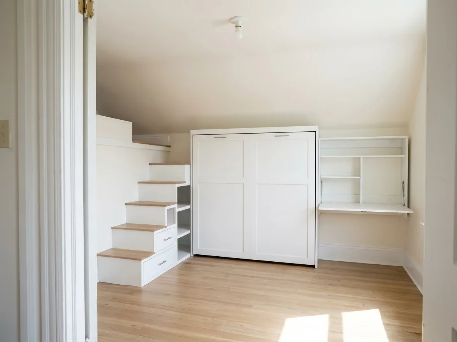 Small loft refreshed with a murphy bed, a fold-down desk, and storage stairs. after AI redesign
