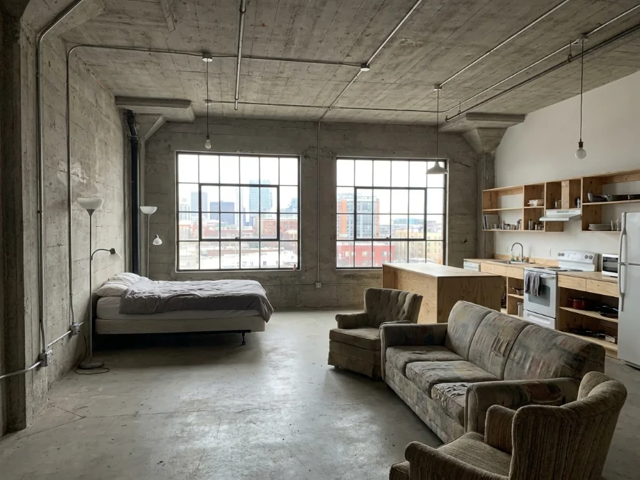 Open loft restyled with a sleeping zone, a living zone, and a movable screen. before AI redesign