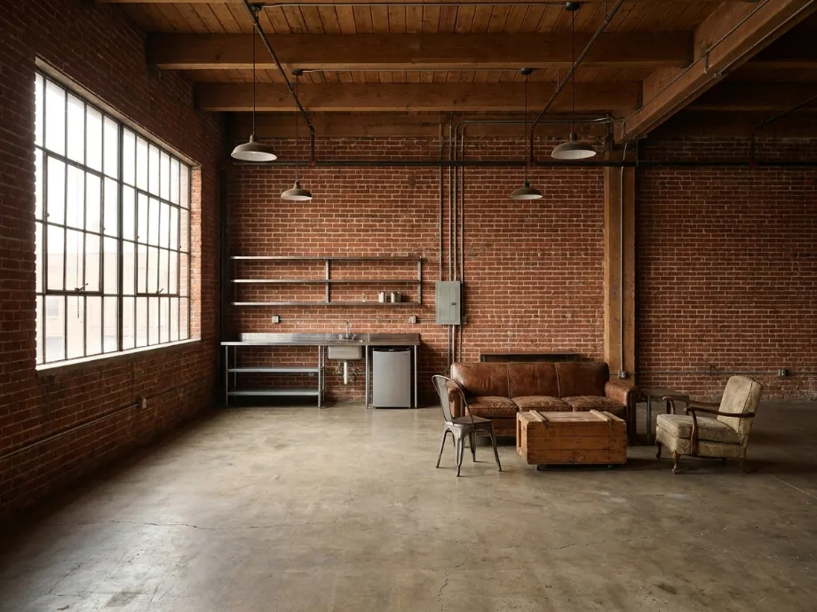 Industrial loft upgraded with a kitchen island, open shelving, and warmer lighting. before AI redesign
