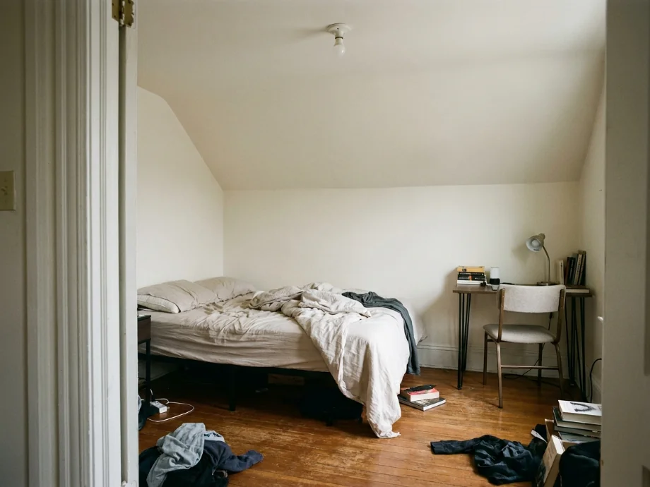 Small loft refreshed with a murphy bed, a fold-down desk, and storage stairs. before AI redesign