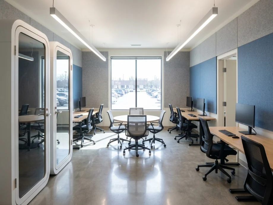 Open office restyled with benching desks, phone booths, and a collaboration zone. after AI redesign