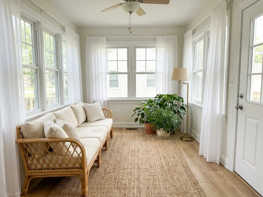 Sunroom restyled with a rattan set, a leafy plant cluster, and sheer curtains — after