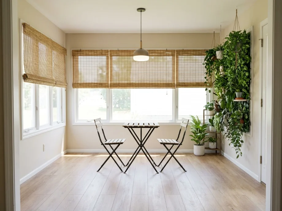 Three-season sunroom upgraded with a bistro table and an indoor garden wall — after