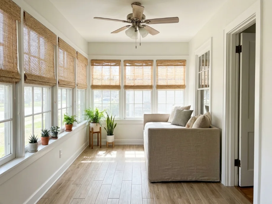 Enclosed porch refreshed with a daybed, a ceiling fan, and lighter flooring — after