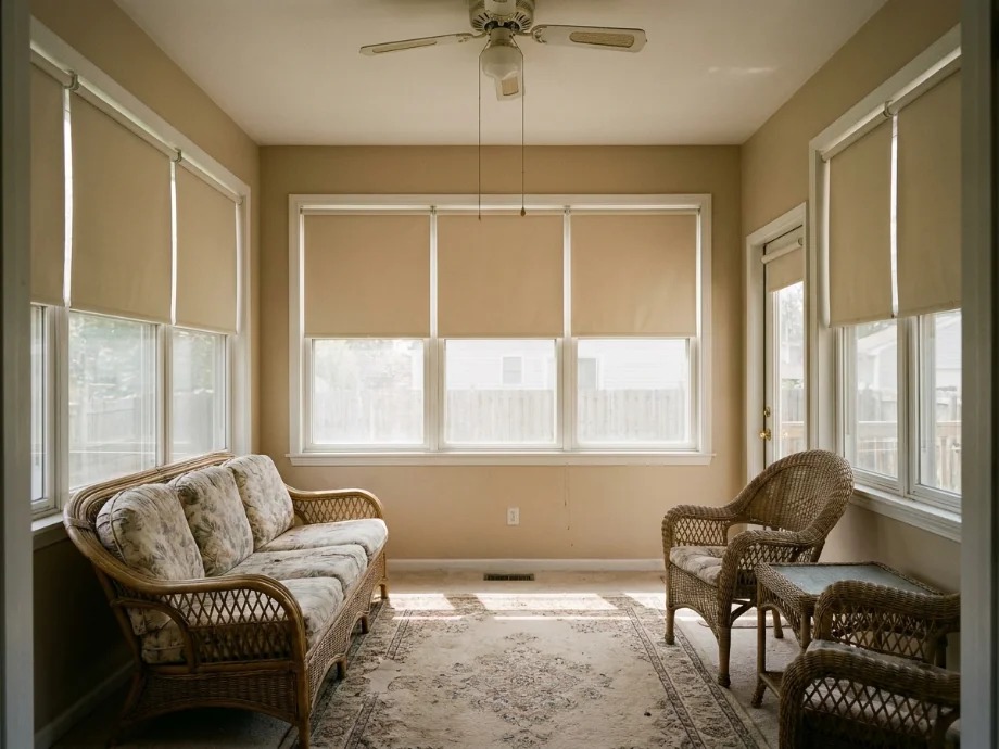 Sunroom restyled with a rattan set, a leafy plant cluster, and sheer curtains — before