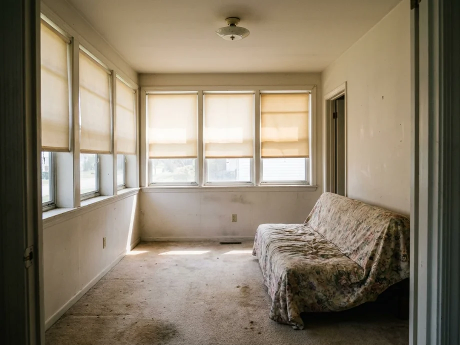 Enclosed porch refreshed with a daybed, a ceiling fan, and lighter flooring — before