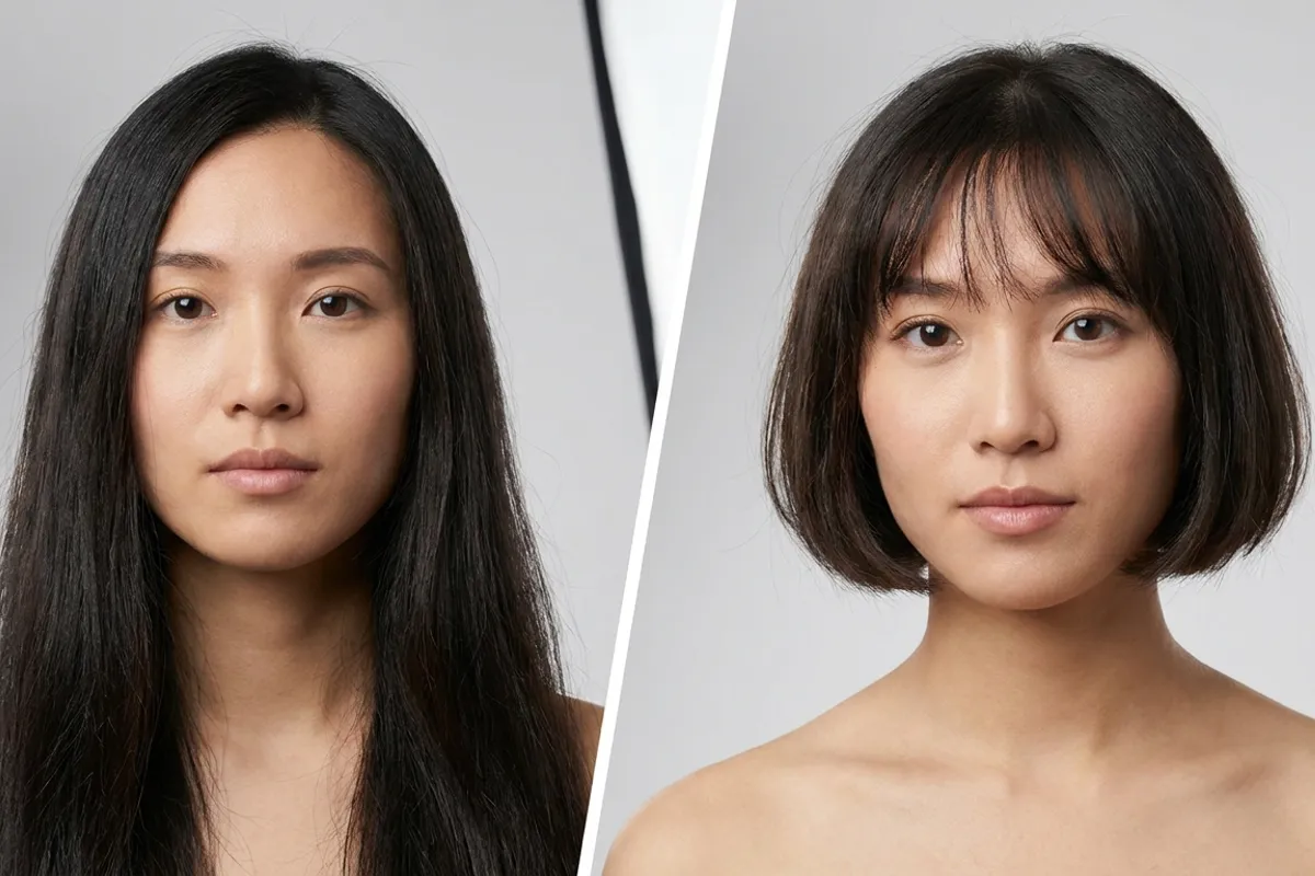 AI French Bob Hairstyle Generator - Before and after transformation showing chin-length French bob with soft bangs