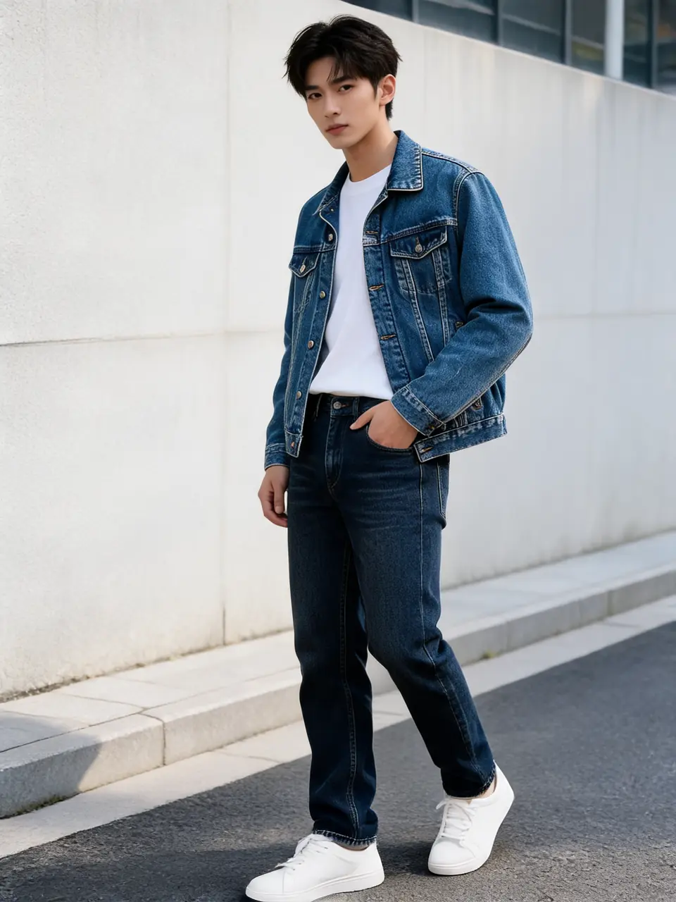 Denim jacket product photo turned into a street-style AI fashion model shot after AI redesign