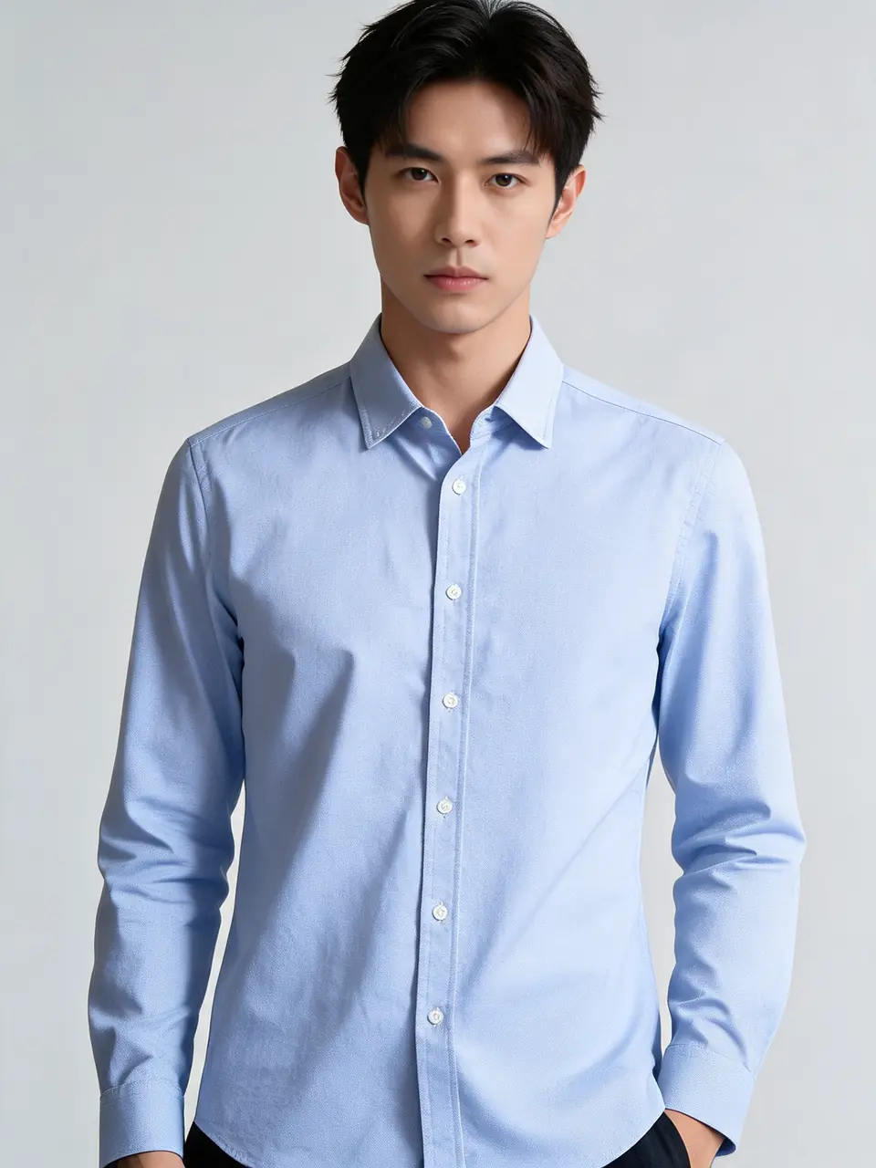Oxford shirt on a hanger turned into a menswear model product photo after AI redesign