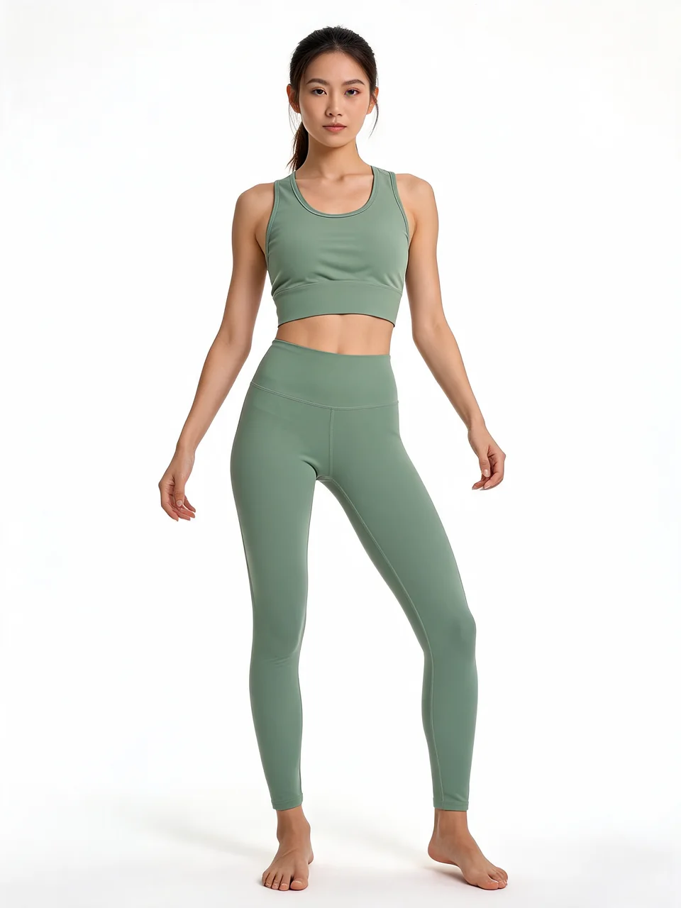 Sage green activewear set flat-lay shown worn by an athletic AI model after AI redesign