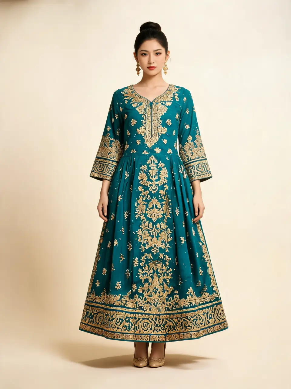 Embroidered ethnic dress flat-lay turned into an elegant on-model photo after AI redesign