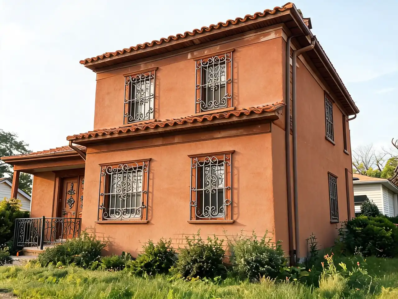 AI house design transforming a dated exterior into mediterranean style after AI redesign