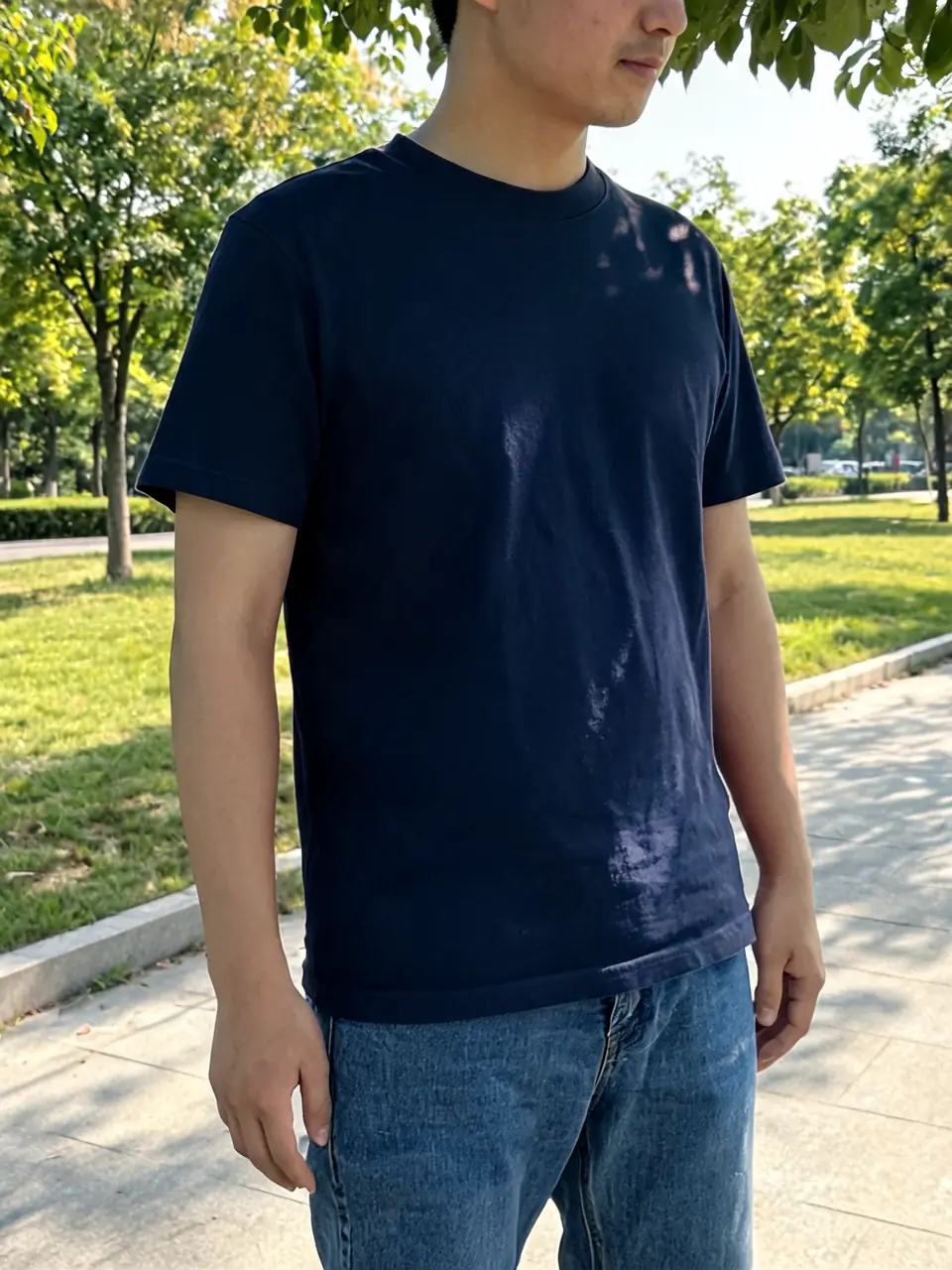 AI clothes color change from red t-shirt to navy blue, texture preserved after AI redesign