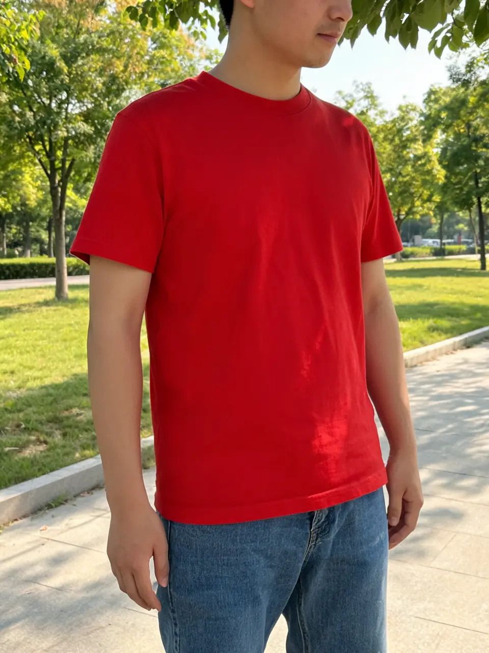 AI clothes color change from red t-shirt to navy blue, texture preserved before AI redesign