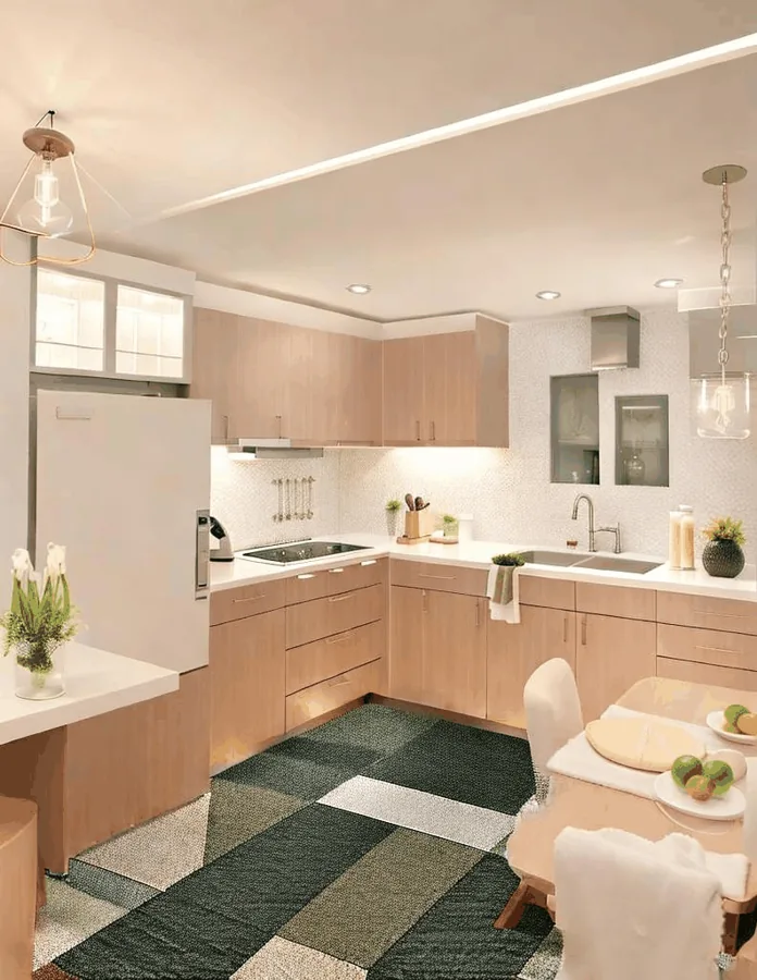 Show-home clean: counters and dining table cleared, the rug and every fitted unit left alone — before