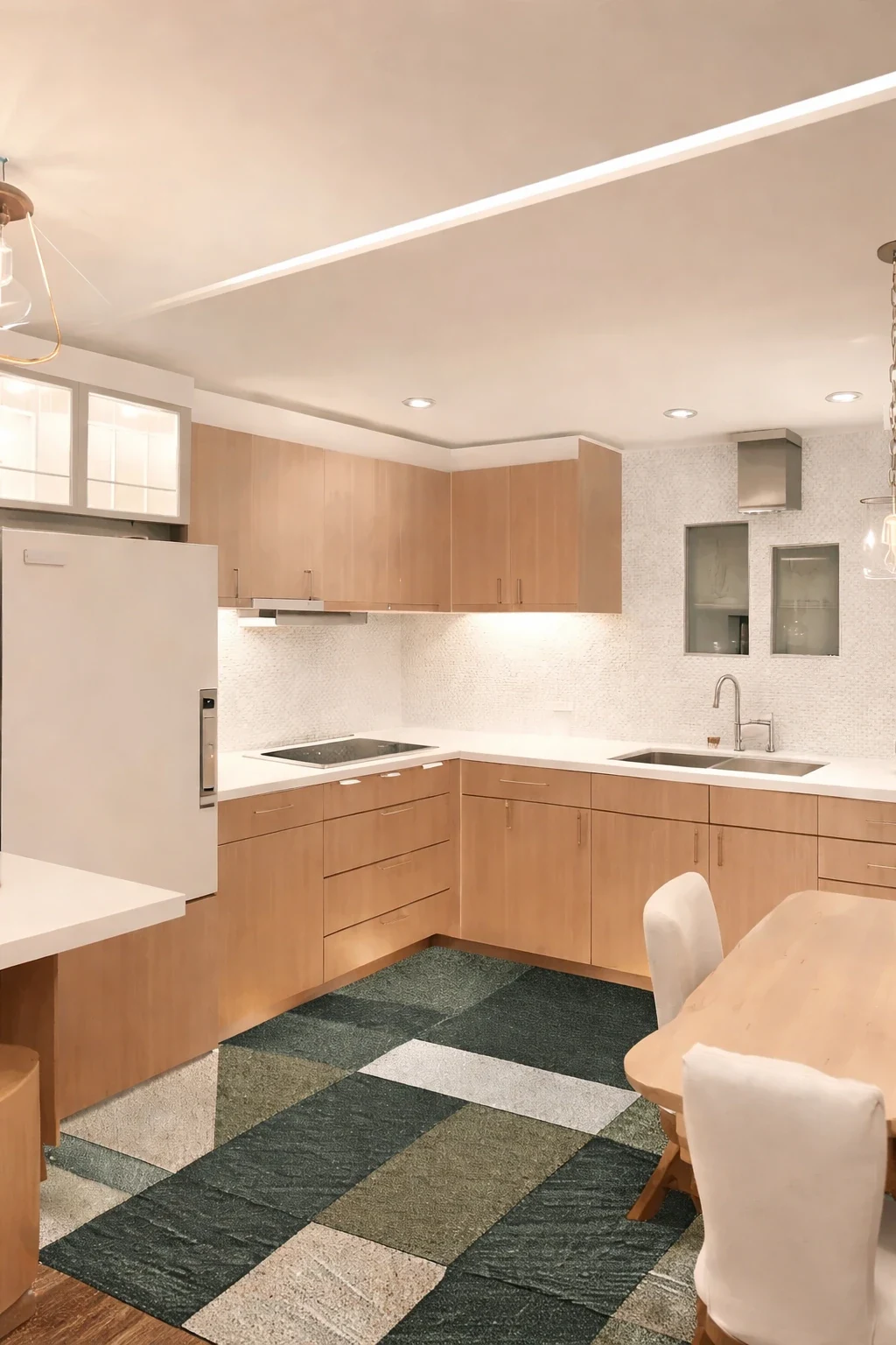 Show-home clean: counters and dining table cleared, the rug and every fitted unit left alone — after