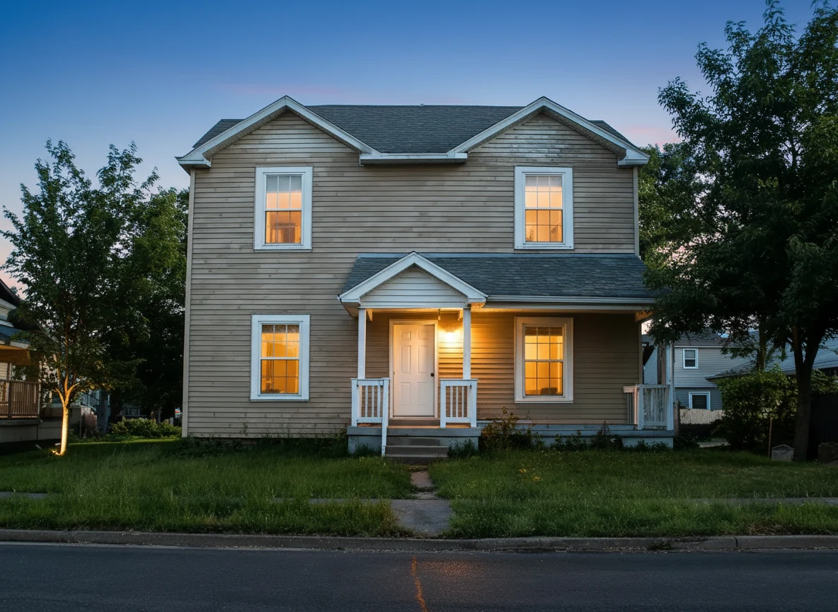 Daylight to blue hour — the overgrown lawn and every window stay exactly as photographed — after